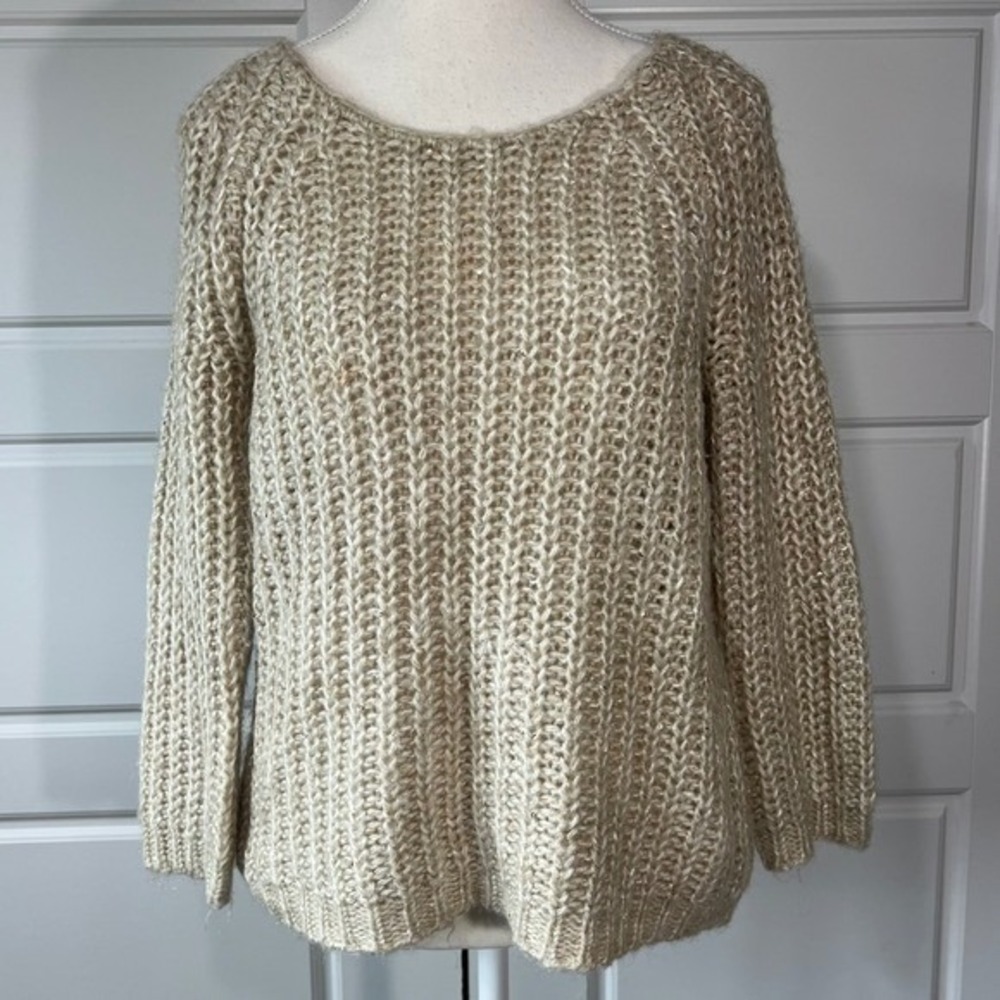 Anthropologie Knitted & Knotted Sweater Metallic Gold Sparkle Knit Beige‎ Medium